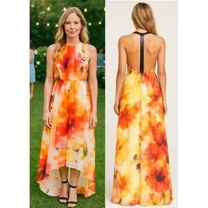 Alice + Olivia Ryan High Neck Leather T Back Maxi Dress Size 12 Floral High Low
